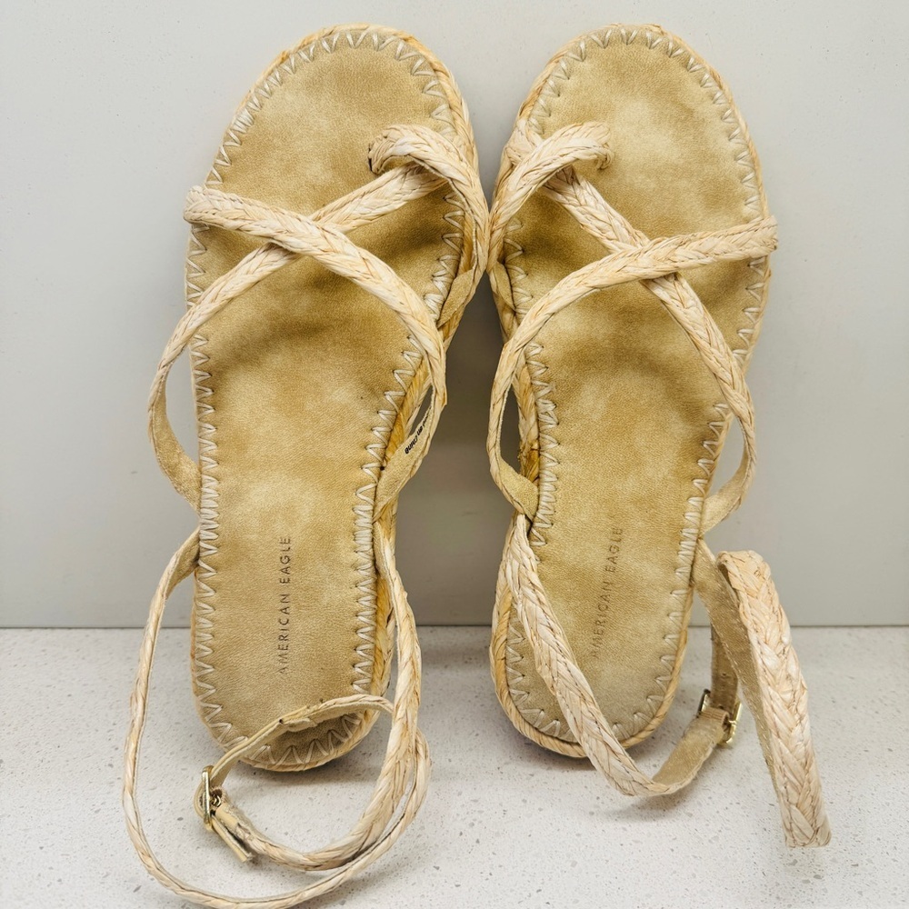 American Eagle AE Raffia Espadrille Sandal Flats Shoes Beachy Neutral Sz 7